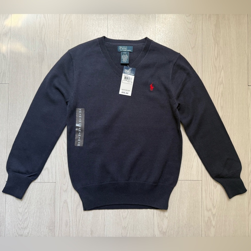NEW! Navy Ralph Lauren V-Neck Knit Sweater with Red Pony! NEW WITH TAGS! Sz 8